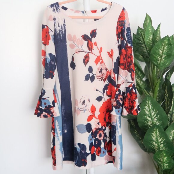 Maeve Anthropologie Blue Red Off-white Floral Print Bell-Sleeve Shift Dress S - Picture 3 of 11